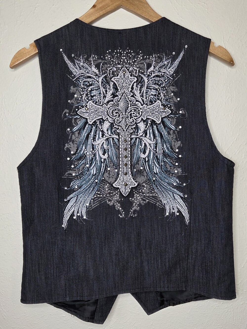 Vintage Y2K Rhinestone Cross Wing Vest Faded Black Denim Look Biker Goth